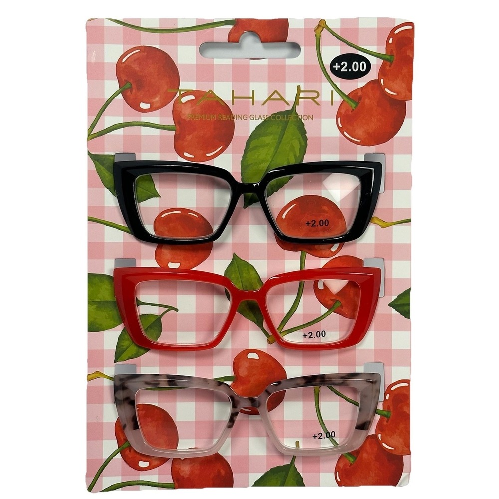 Tahari Coquette Cat Eye Reading Glasses 3 Pack +2.00 Cherry Gingham Fashion